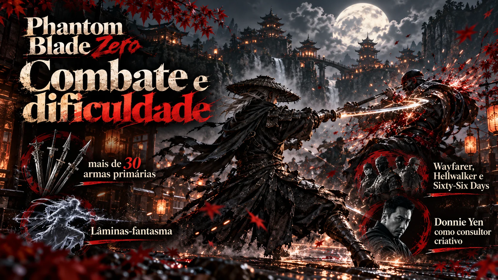 Ilustração editorial de combate com espadas e artes marciais inspiradas em Phantom Blade Zero