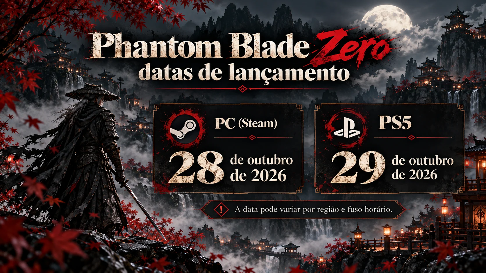 Infográfico de Phantom Blade Zero com lançamento em 28 de outubro de 2026 no Steam e 29 de outubro no PS5 no Brasil