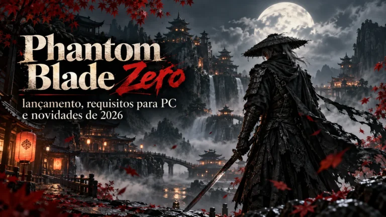 Phantom Blade Zero: arte editorial gerada no ChatGPT com guerreiro, templos orientais e cenário noturno