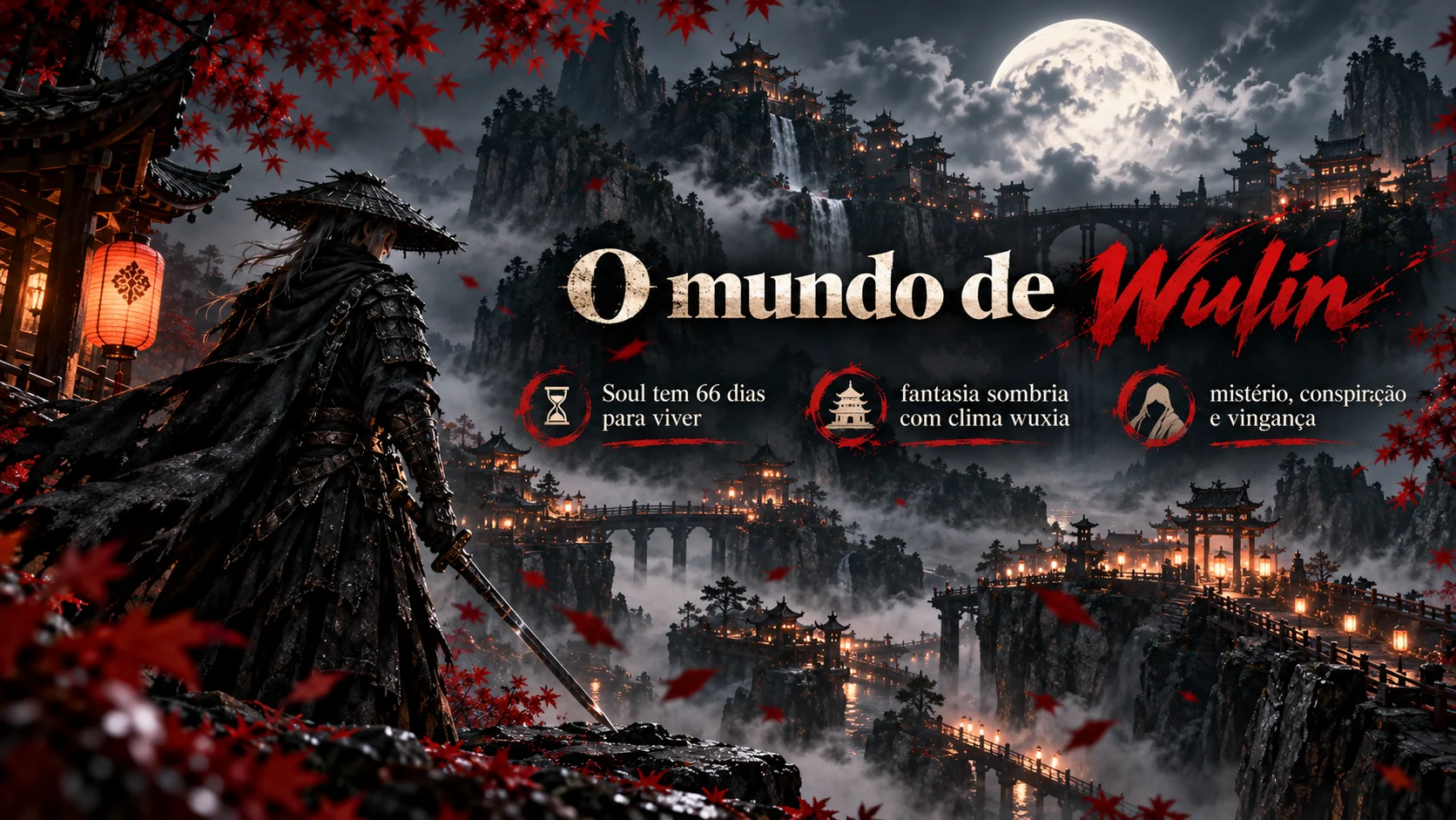 Arte editorial de um guerreiro e templos no mundo de Wulin, cenário inspirado em Phantom Blade Zero