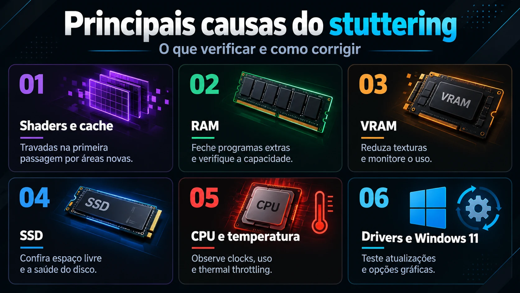 Infográfico com principais causas do stuttering em jogos no PC