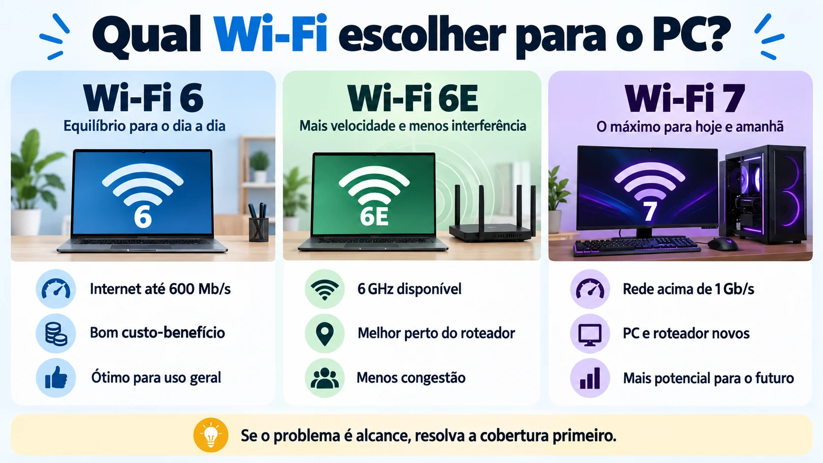 Guia para escolher entre Wi-Fi 6, Wi-Fi 6E e Wi-Fi 7 no PC conforme velocidade, alcance e equipamentos