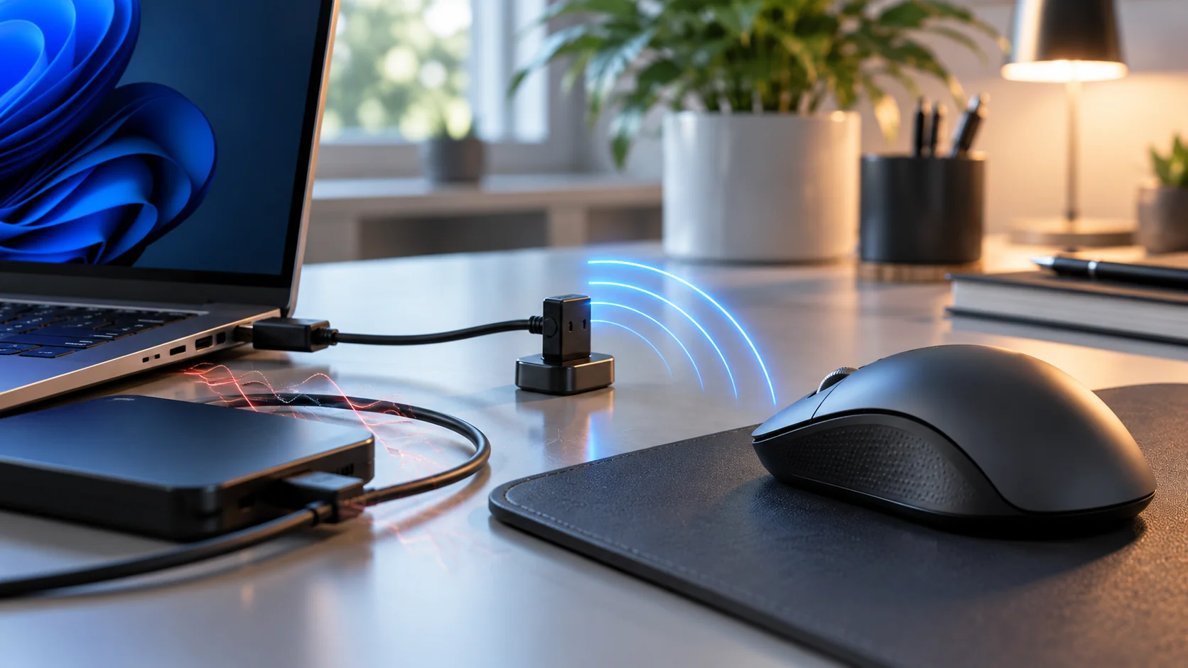 Receptor USB de mouse sem fio afastado de cabos e SSD externo para evitar interferência de 2,4 GHz