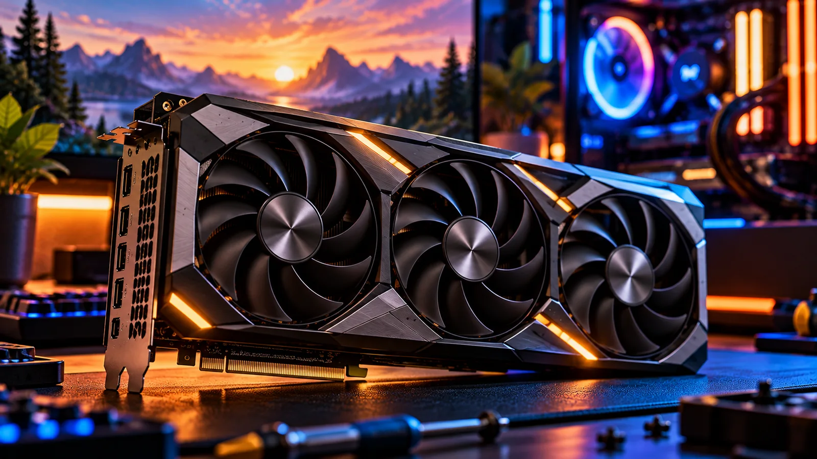 Ilustração de placa de vídeo gamer com três ventoinhas