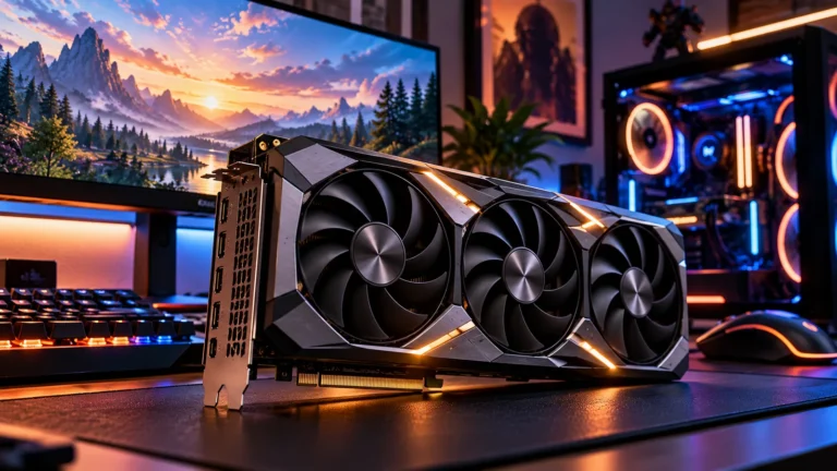 Placa de vídeo gamer conceitual em setup premium, ilustração gerada por inteligência artificial
