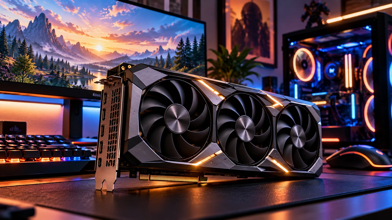 Placa de vídeo gamer conceitual em setup premium, ilustração gerada por inteligência artificial