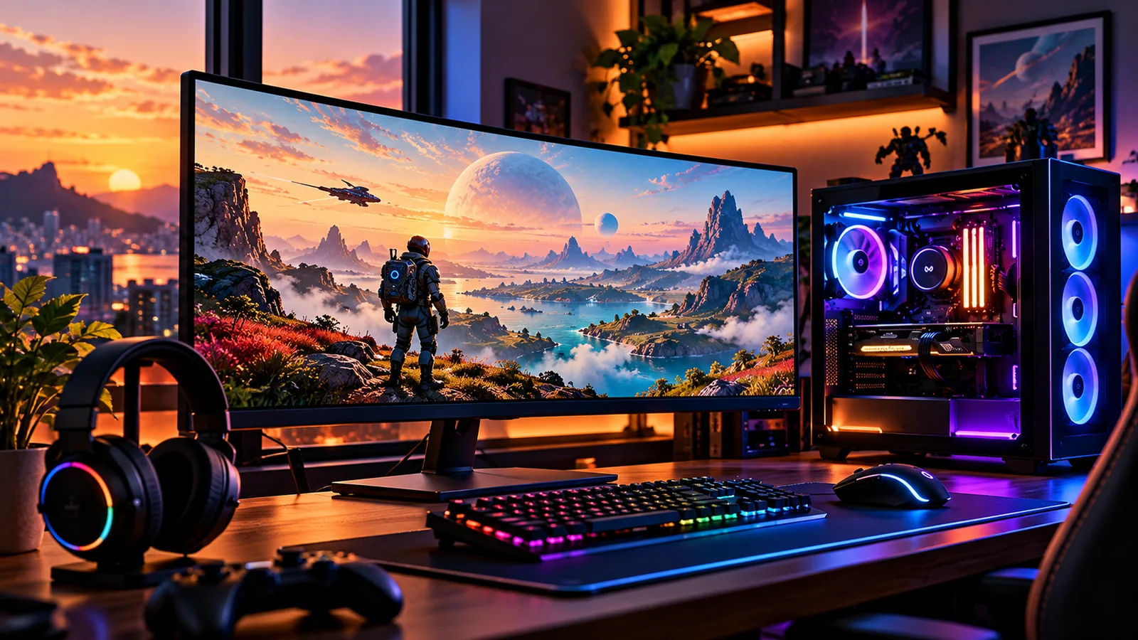 Setup gamer com placa de vídeo conceitual e iluminação RGB