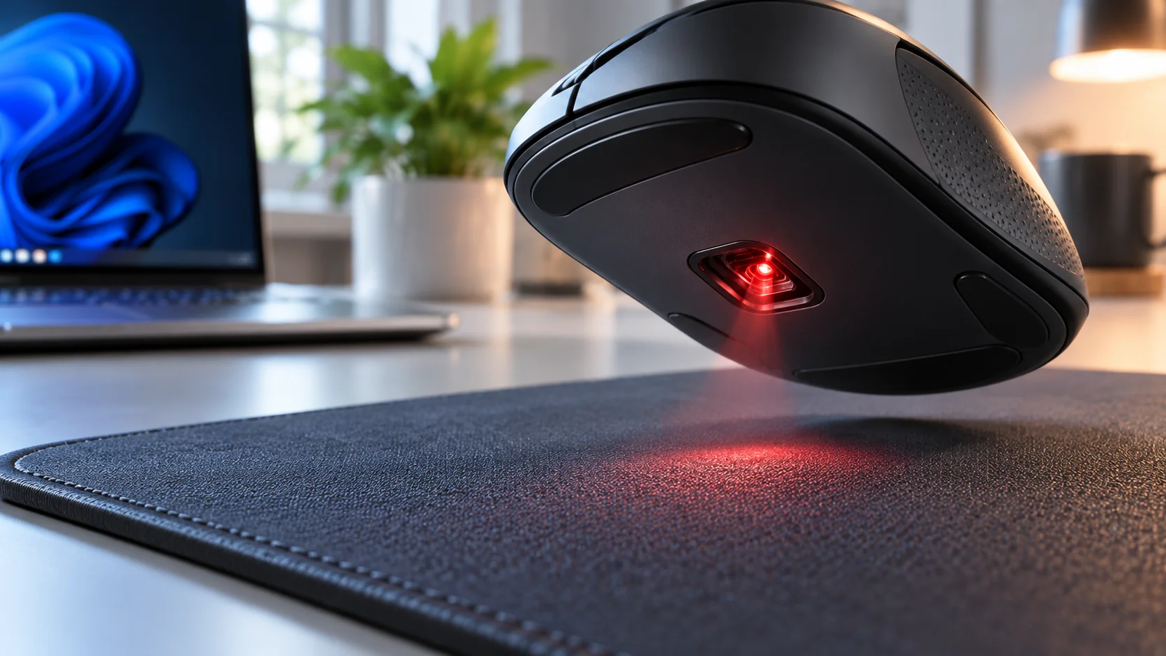 Detalhe do sensor óptico de mouse sem fio sobre mousepad para identificar falhas de rastreamento