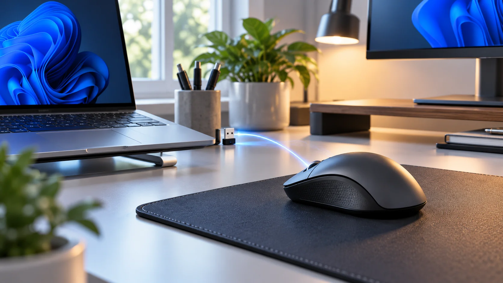 Setup de computador com receptor USB próximo e mouse sem fio sobre mousepad para conexão estável
