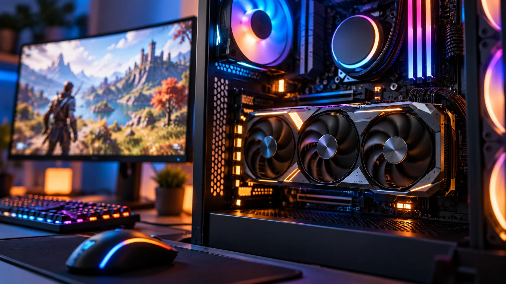 Computador gamer com placa de vídeo e monitor de jogo