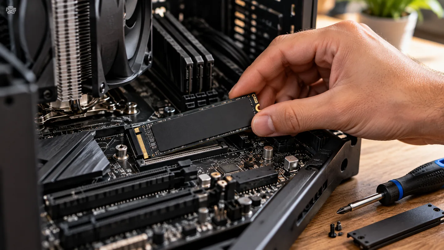 Mão conferindo o encaixe de um SSD M.2 NVMe no slot da placa-mãe