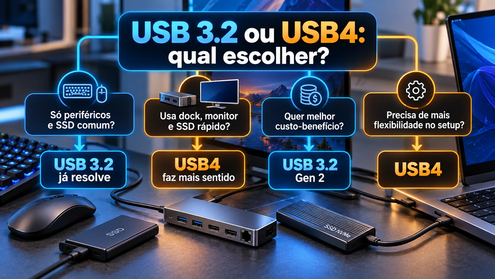 Infográfico USB 3.2 ou USB4 mostrando qual escolher para cada uso
