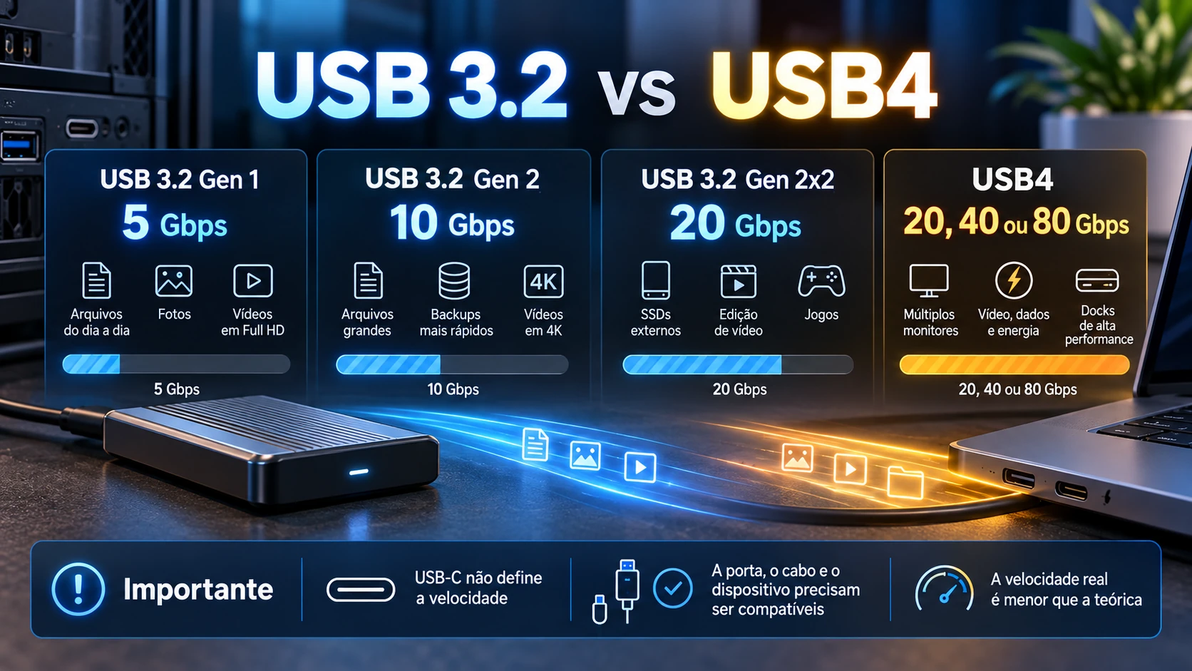 Infográfico USB 3.2 vs USB4 com velocidades de 5 a 80 Gbps