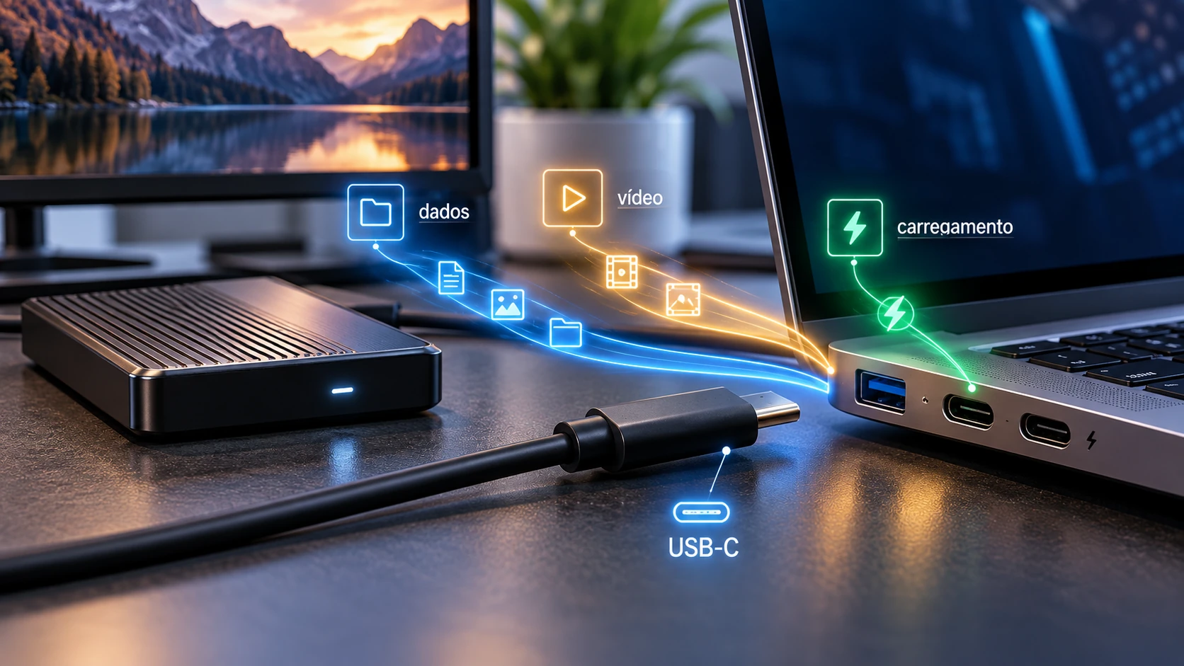 USB-C transportando dados, vídeo e carregamento em um notebook
