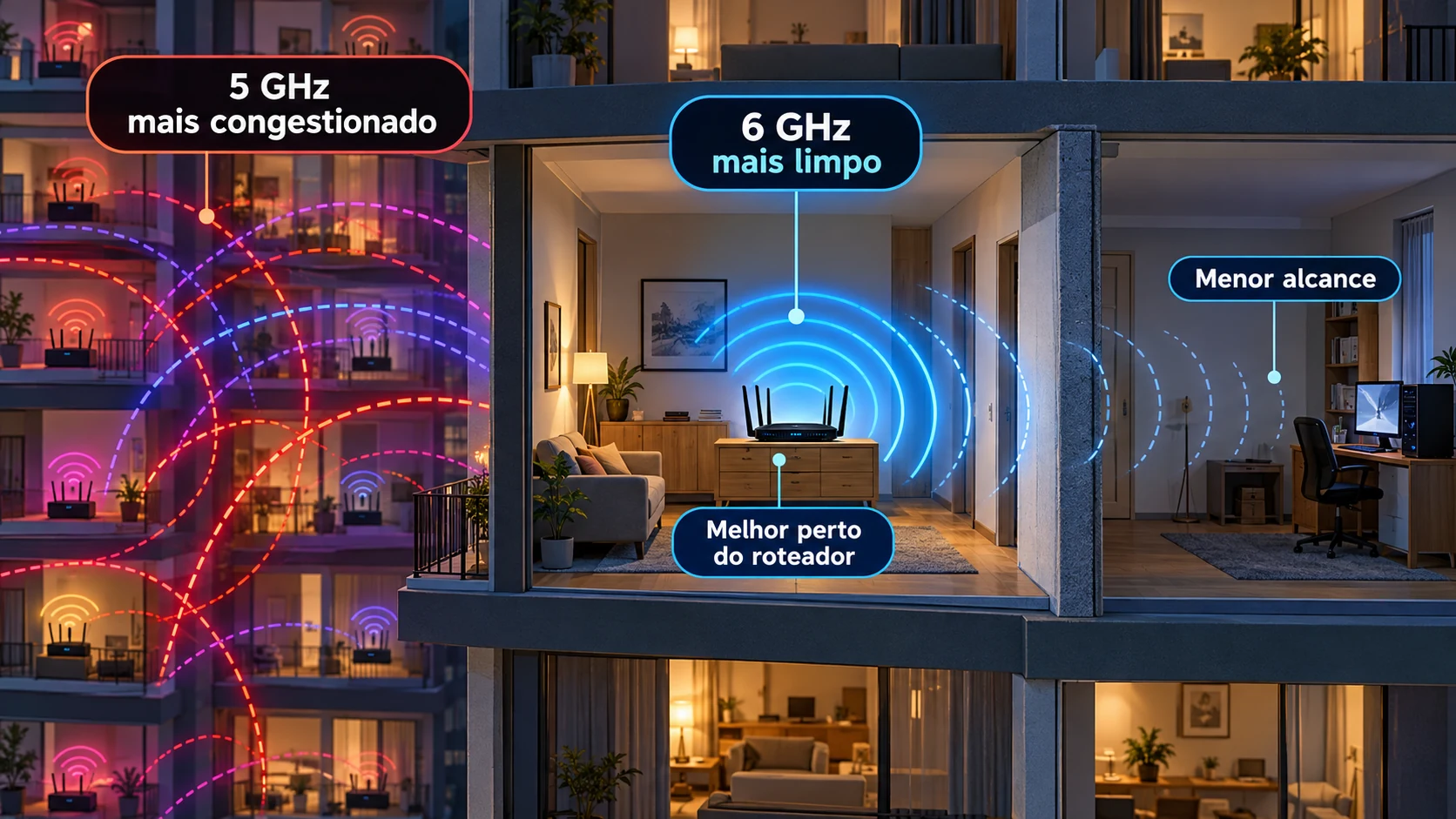Comparação visual entre 5 GHz congestionado e 6 GHz mais limpo, com menor alcance através de paredes