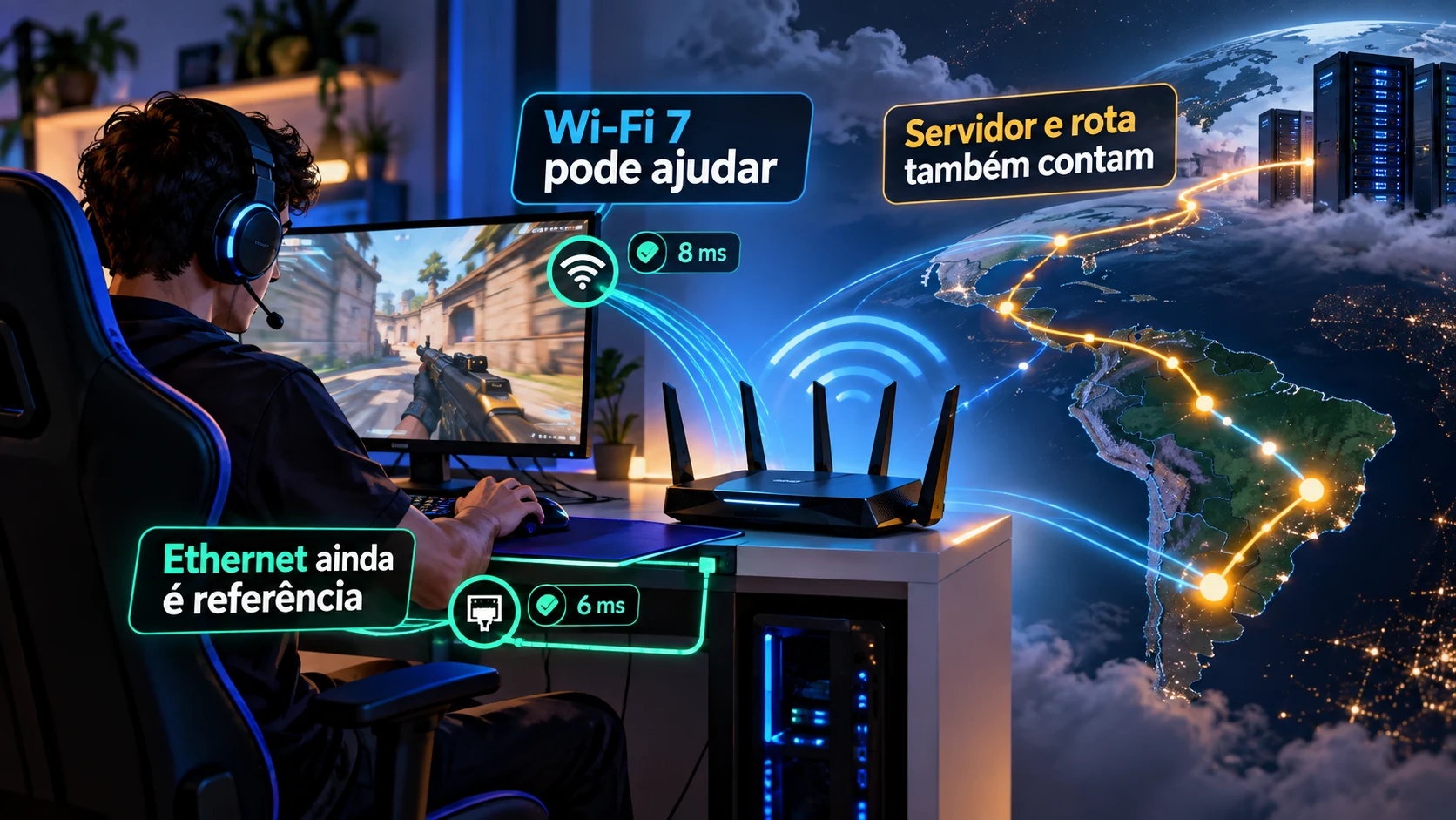 Wi-Fi 7 no PC gamer comparado ao Ethernet, com rota até o servidor influenciando a latência