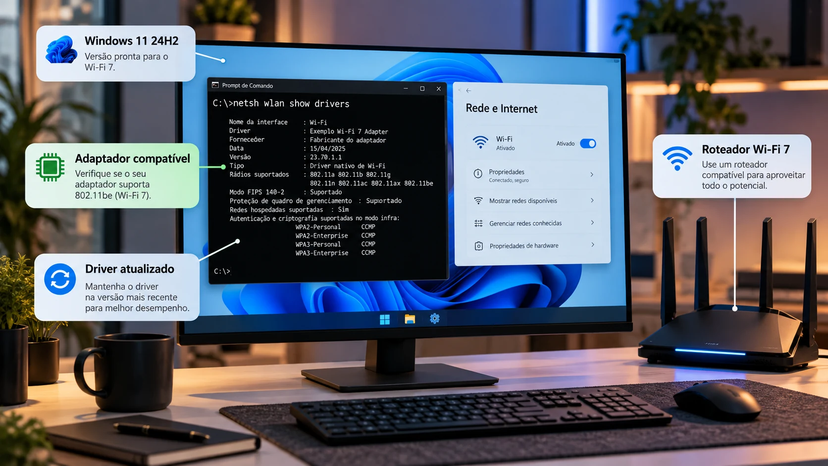 Wi-Fi 7 no PC com Windows 11 24H2, adaptador compatível, roteador Wi-Fi 7 e driver atualizado