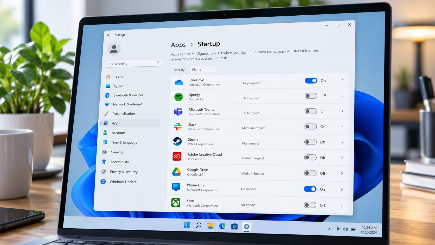 Tela dos aplicativos de inicialização do Windows 11 mostrando a opção de desativar programas desnecessários