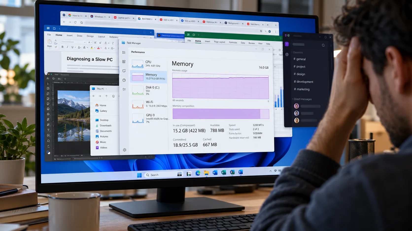 Computador com múltiplos aplicativos abertos e alto consumo de memória RAM no Windows 11