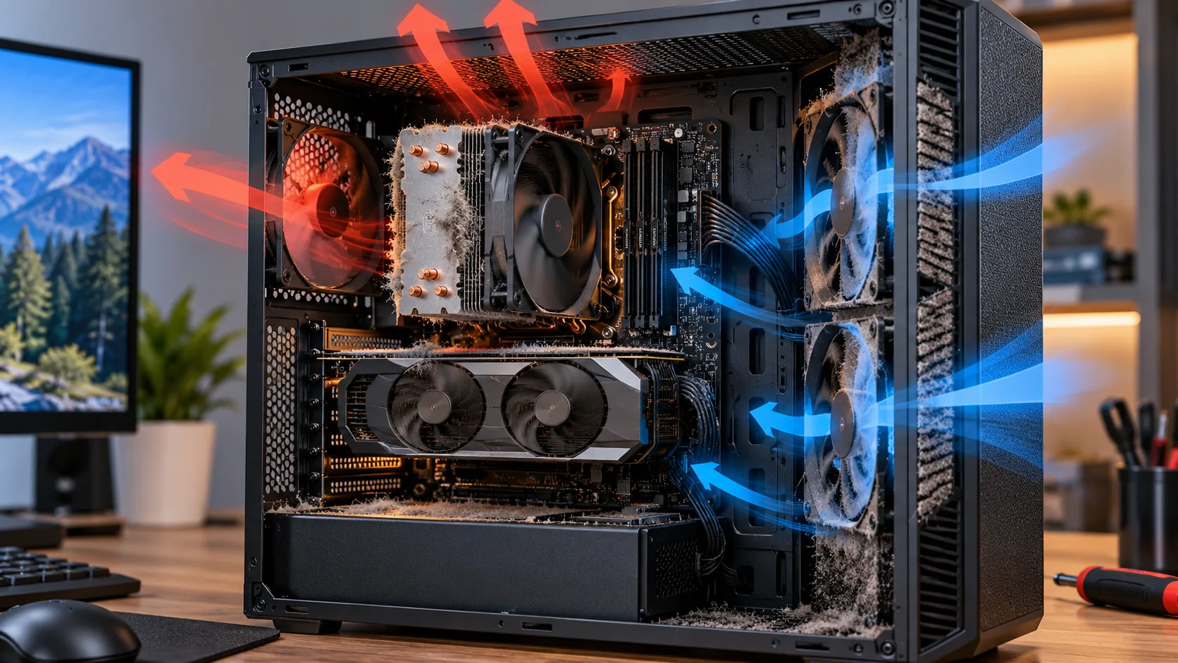 Gabinete aberto de computador com poeira e setas indicando entrada de ar frio e saída de ar quente